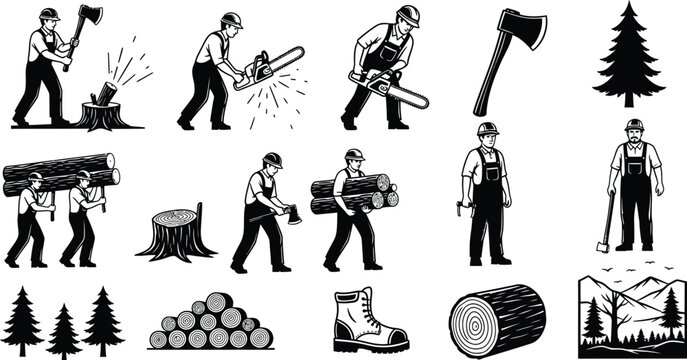 Lumberjack and forestry worker vector set featuring woodcut style illustrations of logging activities and forest elements
