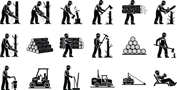 Lumberjack and forestry worker icons set featuring logging activities and heavy machinery in a flat vector style