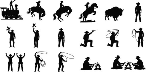 Wild West cowboy silhouette illustration set, horse rider bison steam locomotive campfire artwork, western culture vector drawing concept © Fenshi