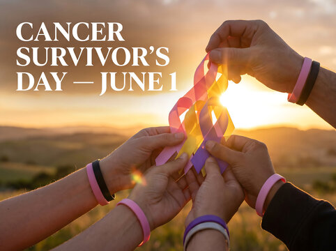 Cancer Survivor's Day - June 1: Hands Holding Pink and Purple Ribbons at Sunset