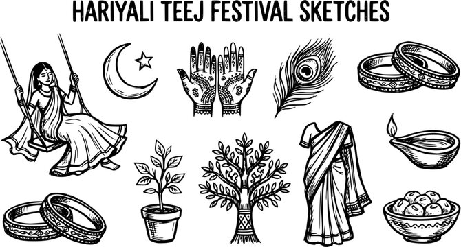 Hariyali Teej Festival Black and White Line Art Sketches. Traditional Indian Cultural Elements and Symbols for Hindu Celebrations.
