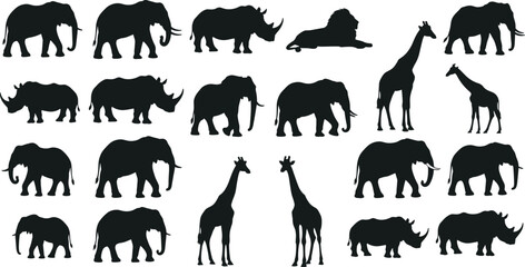 Wild animal silhouette illustration set, elephant rhinoceros giraffe lion artwork, wildlife vector drawing, nature design concept © Fenshi