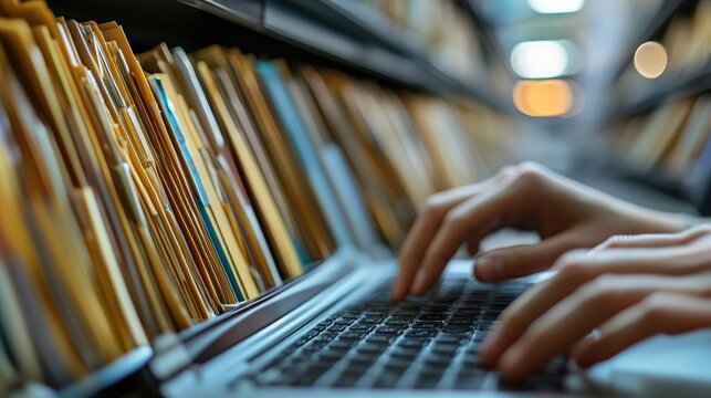 Document Management System (DMS) being set up by IT consultant working on laptop computer in office: Software for archiving, searching, and managing corporate files.