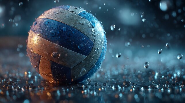 Wet volleyball with water droplets on reflective surface, fresh sporty concept for athletic training, fitness, and dynamic sports themes