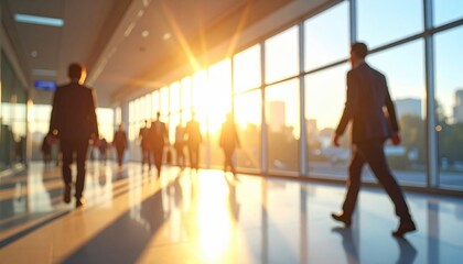Fototapeta premium Blurry background of business people walking through a modern corporate office corridor during a bright golden hour sunset