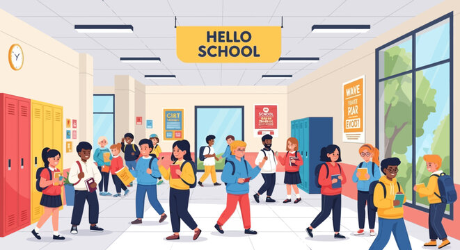 Diverse Students Walking in School Hallway with Lockers