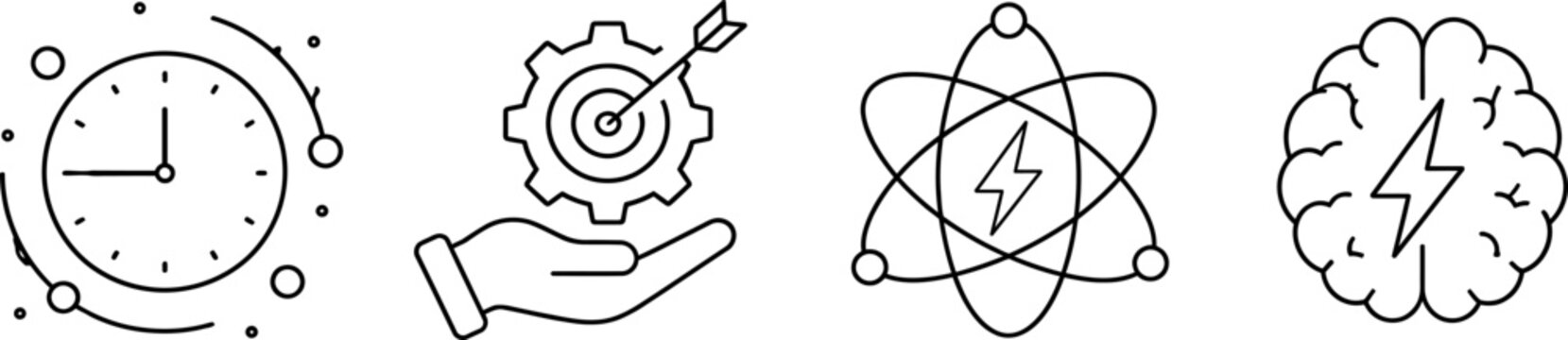 Abstract concepts illustration with clock gears brain and atom symbols representing time management strategy science and intelligence vector artwork representing ideas and innovation process.
