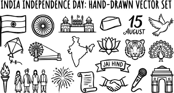 India Independence Day Hand-Drawn Vector Set - Indian Flag, Ashoka Chakra, Taj Mahal, Lotus, Tiger, Peacock