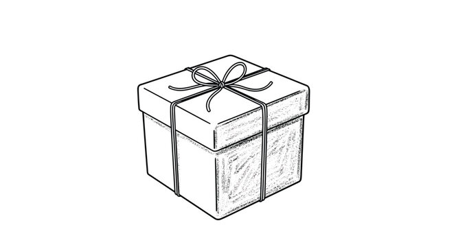 Detailed stippling style drawing of a single gift box tied with a thin string bow representing simplicity and thoughtful giving concepts.