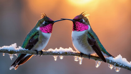 Fototapeta premium Two small hummingbirds with vibrant pink throats perch on frosted branch. Delicate birds face each other with beaks touching. Winter sunrise creates warm glow on tiny avian pair.