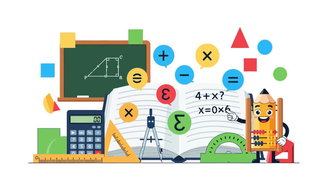 Mathematics Education Concept with Cartoon Pencil and Math Tools