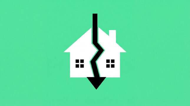 Housing market crash concept with downward arrow splitting house icon on green background, minimalist real estate downturn illustration