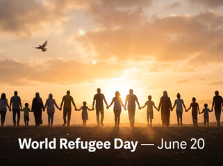 Fototapeta premium Diverse Group of People Holding Hands at Sunset Celebrating World Refugee Day