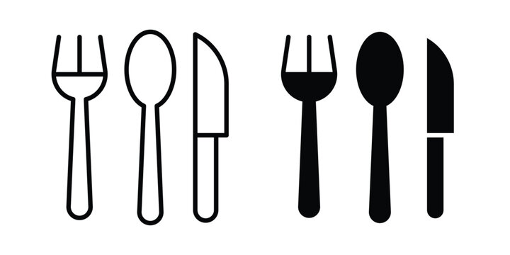 Knife, fork and spoon icon vector symbol in black filled and stroke style