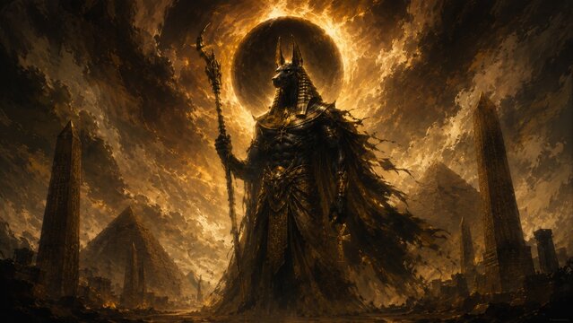 Dark Anubis deity surrounded by sacred Egyptian temple architecture, glowing hieroglyphs and mystical golden fire in cinematic fantasy mythology setting