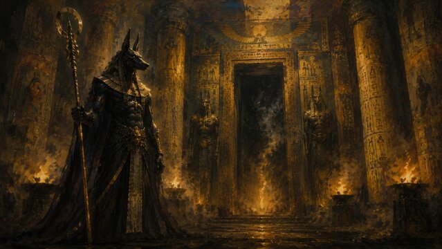 Mythical Anubis god standing before pyramids beneath glowing celestial eclipse with sacred obelisks, storm clouds and ancient Egyptian fantasy atmosphere