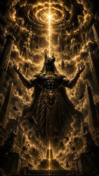 Gigantic Anubis figure surrounded by celestial Egyptian gods, floating obelisks and divine lightning vortex within mystical ancient civilization fantasy environment