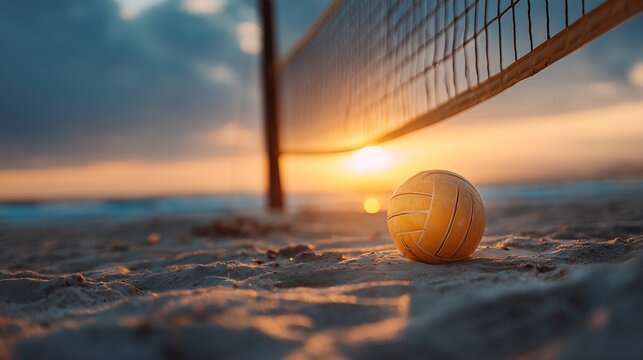 Beach volleyball ball near net with sunset sky background and warm golden tones, vacation sports atmosphere for summer recreation themes