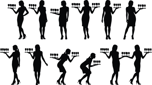 Waitress silhouette collection, serving tray poses artwork, hospitality worker vector, restaurant service design, elegant server illustration, catering staff graphic composition