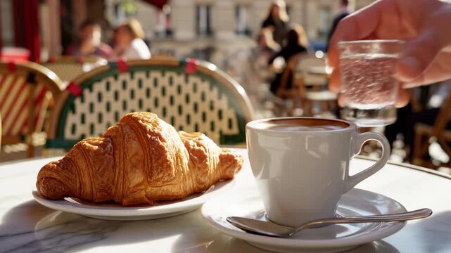 A person's hand reaches to add sugar to a steaming cup of rich espresso beside a golden, flaky croissant on a small plate, set upon a marble-topped table at a bustling Parisian cafe adorned