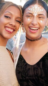 Selfie, smile and friends at music festival, outdoor and laugh at social gathering with peace sign. Picture, funny women and party for photography with gems, happy memory and tongue out at rave