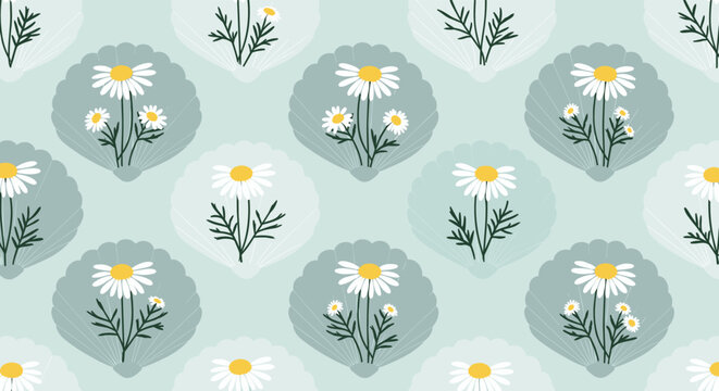 Seamless pattern featuring white daisy flowers inside soft blue scallop shells on a light blue background for ocean theme design.