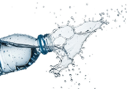Pristine mineral water mid-pour from a sleek plastic bottle, forming a dynamic crown splash with thousands of suspended droplets on a clean infinity white background, macro close-up for product