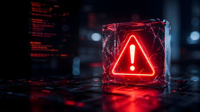 Glowing red warning exclamation triangle inside cracked glass cube on dark digital background illustrating cyber threat alert and system error