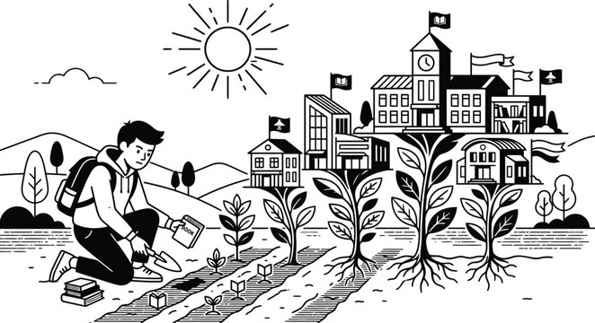 Boy planting trees near school building