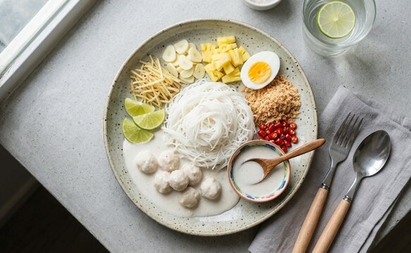 Traditional Thai rice noodles served with coconut milk, fish balls, pineapple, garlic, ginger, boiled egg, and chili, elegant culinary background.