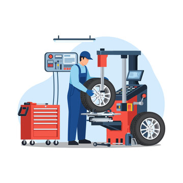 Professional mechanic changing car tire on machine in auto repair shop with red tool chest and diagnostic equipment