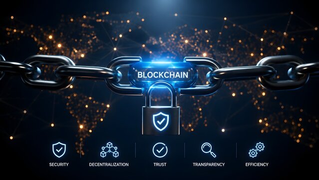 Strong metal chain linked by glowing digital blockchain lock over global world map conceptualizing secure decentralized data trust and transparency