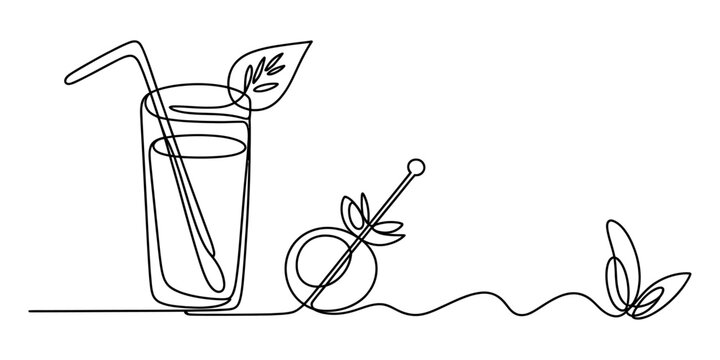 Continuous line drawing of a tall glass of juice with a straw and leaves, next to a small round object with leaves and a wavy line leading to a butterfly. Vector, illustration