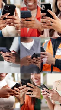 Messaging, montage and hands with phone, online communication and post reaction on social media app. Digital, typing and people with technology, message update or chatting on virtual platform.