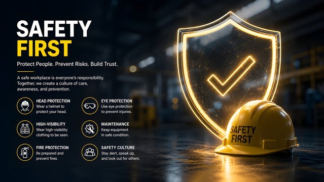 Yellow safety helmet and glowing holographic shield in dark industrial factory highlighting workplace health and risk prevention concept