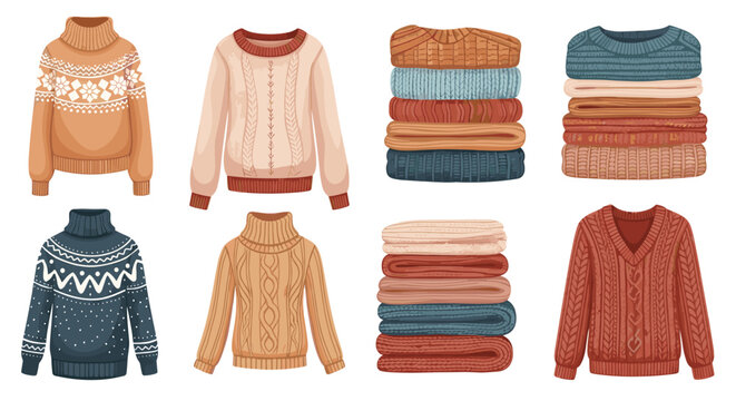 Collection of cozy knitted sweaters in various colors and styles alongside neatly folded stacks for autumn and winter fashion.