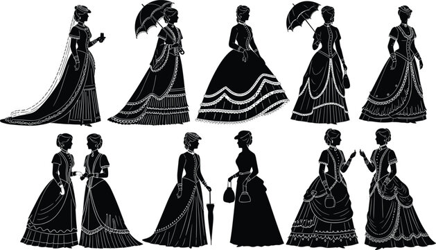 Victorian women silhouette illustrations, ornate fashion artwork, 19th century design collection, black white figure set, stylized vintage profiles