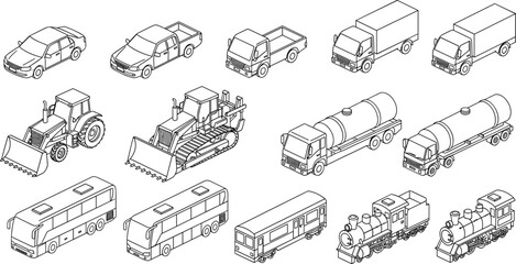 Vehicle silhouette illustration collection, transport outline figure, machinery motif drawing, automotive icon art, construction design graphic, train posture symbol image © Fenshi