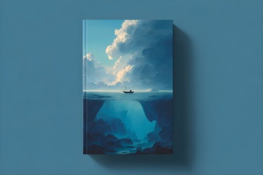 Book cover illustration, 6x9 inch vertical composition, wide open sea under blue sky, dark thunderstorm clouds from horizon, soft dramatic light, contrast between calm and tension, small fishing boat 