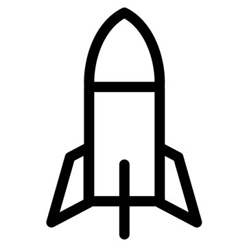This bold black line art icon depicts a military rocket- perfect for military-themed designs- websites- or applications. It symbolizes power- defense- and aggression.