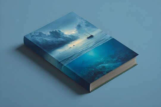 Book cover illustration, 6x9 inch vertical composition, wide open sea under blue sky, dark thunderstorm clouds from horizon, soft dramatic light, contrast between calm and tension, small fishing boat 