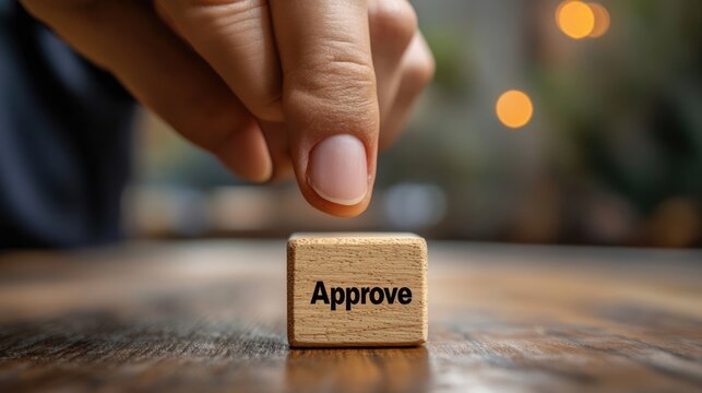 Document approval process concept: Businessman selecting "Approve" on wooden block for document approval, project evaluation, and quality assurance.