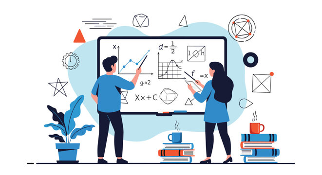Male and female students working together on a whiteboard covered in complex math formulas and diagrams.