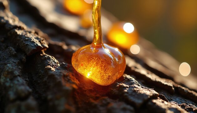 Golden tree resin drop drips onto rough bark. Amber liquid glistens in sunlight on pine wood. Organic forest detail, sticky fluid, natural healing substance.
