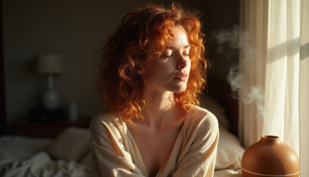 Woman with red curly hair sits calmly with closed eyes near essential oil diffuser emitting steam. Sunlight streams through window illuminating face, shoulders. Appears relaxed, at peace, possibly