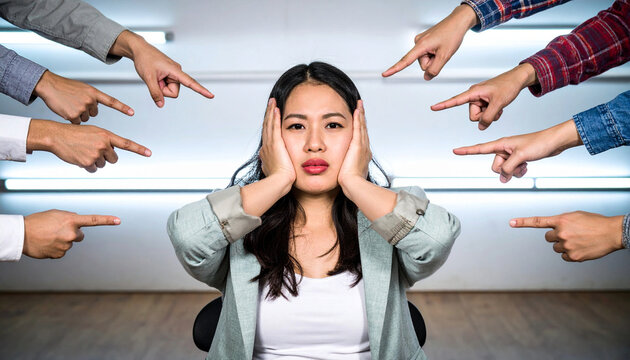 A person sits, head down, hands over ears, surrounded by accusing fingers pointing