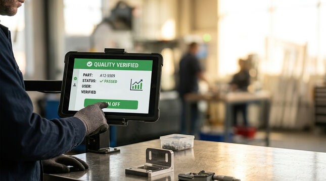 Quality verified status shown on digital tablet in industrial factory with worker wearing gloves checking parts and equipment on metal table in manufacturing environment