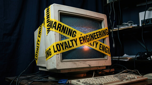 Old computer monitor with warning and loyalty engineering tape wrapped around, placed on desk with keyboard and cables, showing broken screen and dusty surface in dim room
