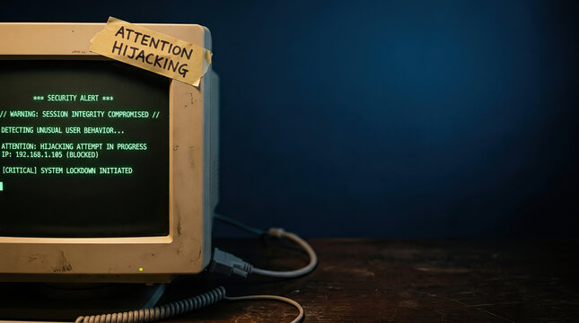 Security alert warning on old computer monitor with attention hijacking note, showing system lockdown due to unusual user behavior and hijacking attempt, creating tense atmosphere
