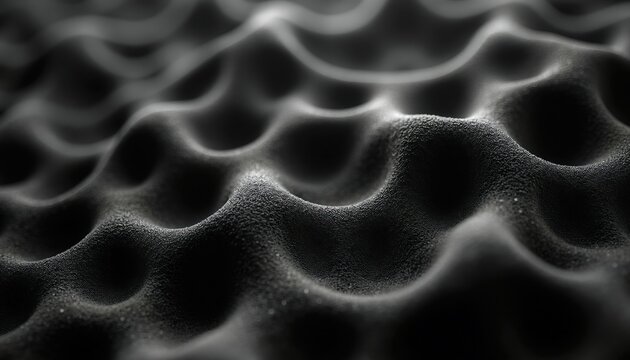 Black foam macro texture features abstract wavy shapes and organic patterns. Dark porous surface creates deep shadows and highlights. Useful for science or corporate design backgrounds.